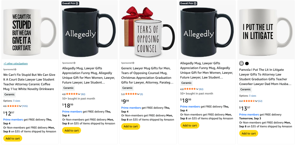 Print-on-demand mugs sold on Amazon