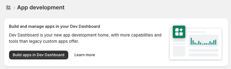 Shopify Admin showing the Build apps in Dev Dashboard button