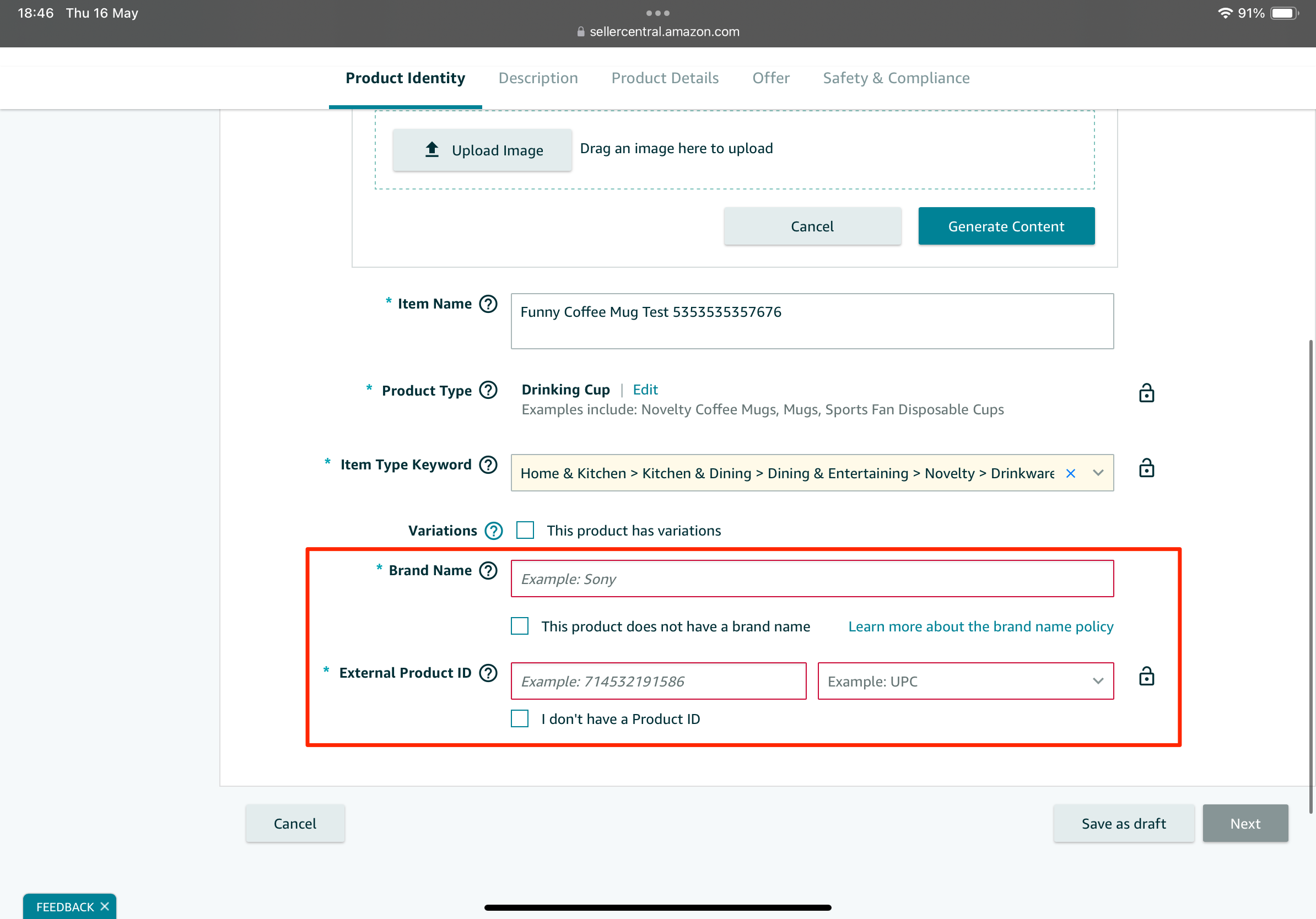Brand and Product ID sections