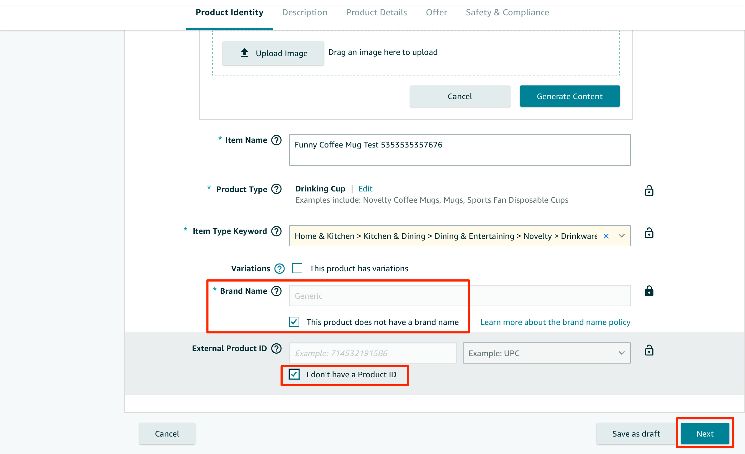 Enter brand and Product ID information