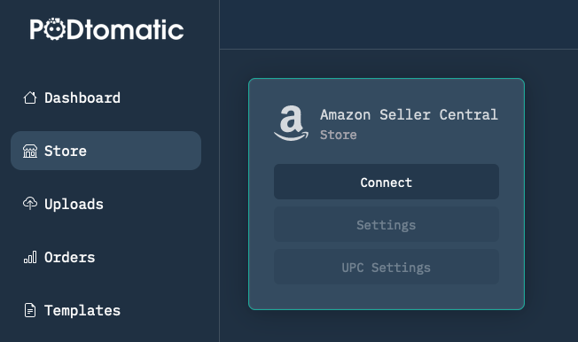 PODtomatic Store section showing the Connect button for Amazon