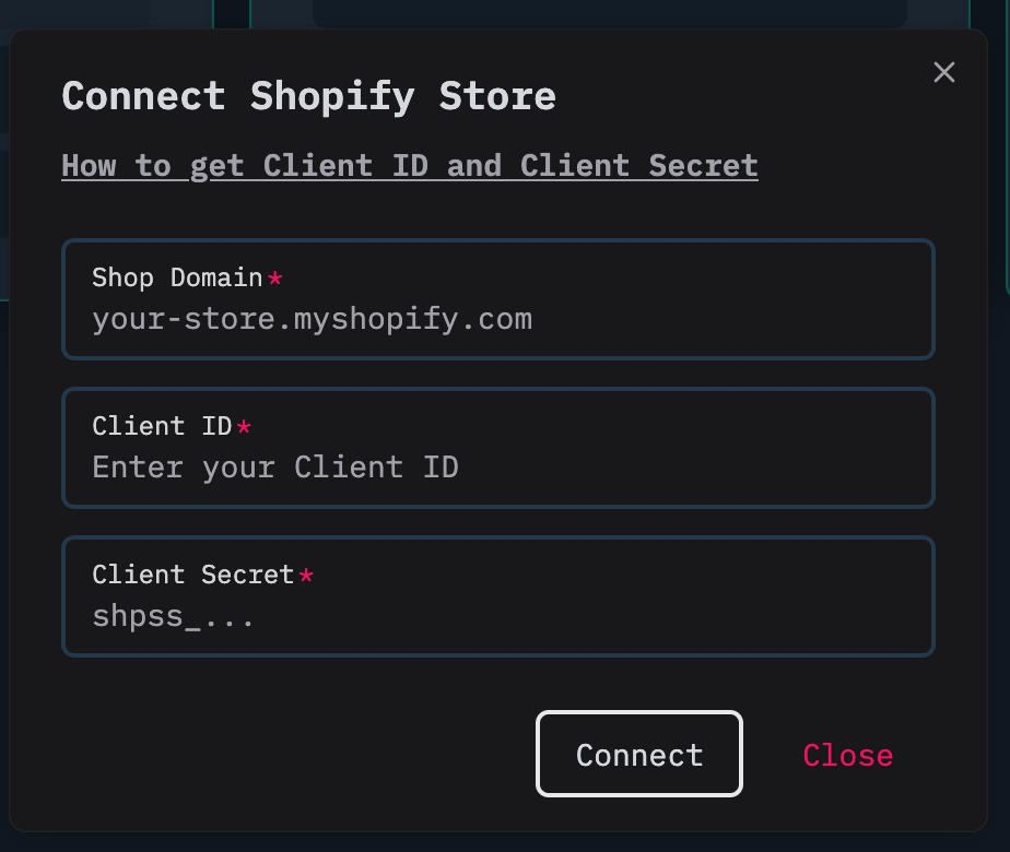 PODtomatic Store connection form with Shopify credentials