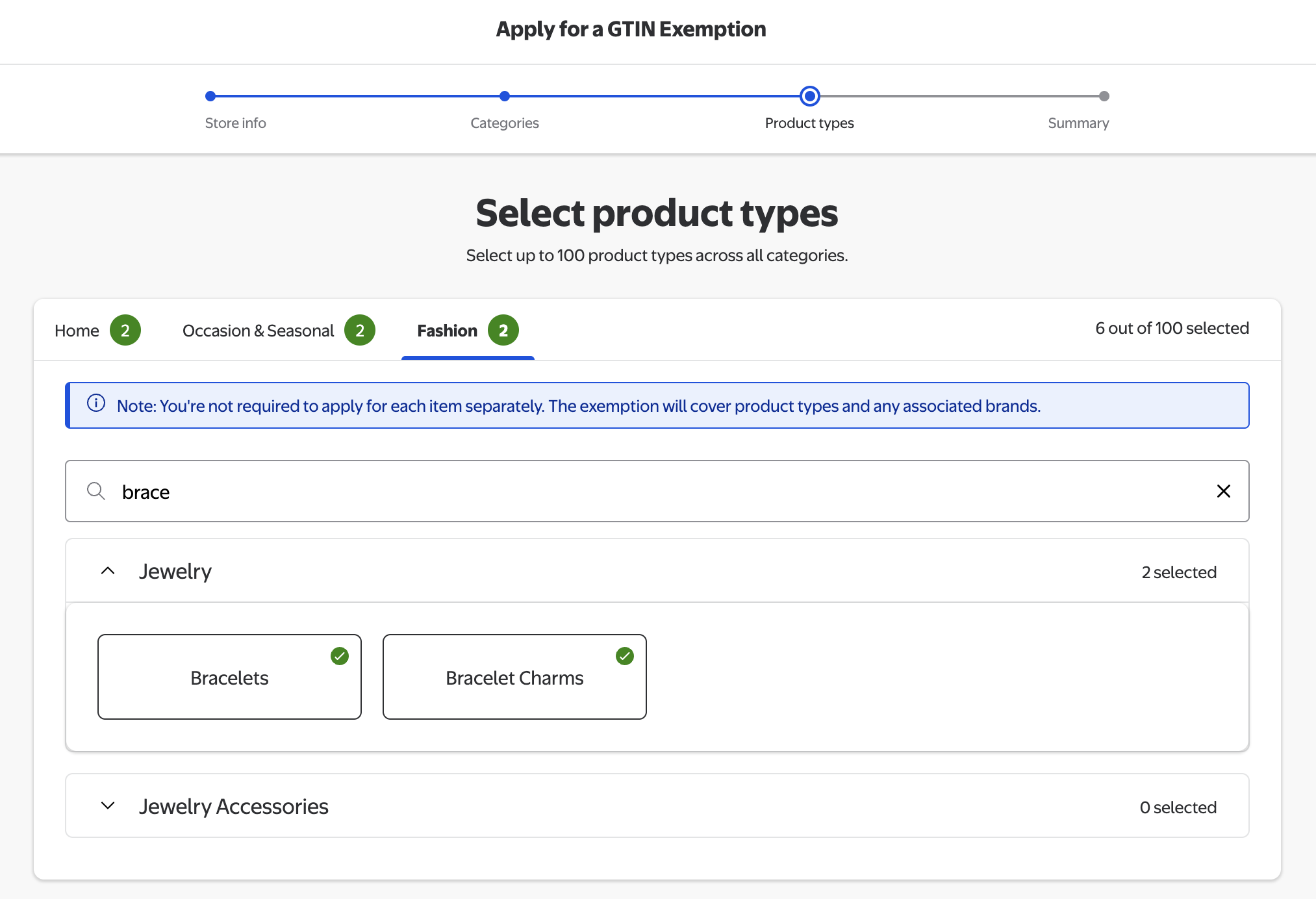 Walmart GTIN exemption wizard, Fashion tab: searching for brace and selecting Bracelets and Bracelet Charms under Jewelry