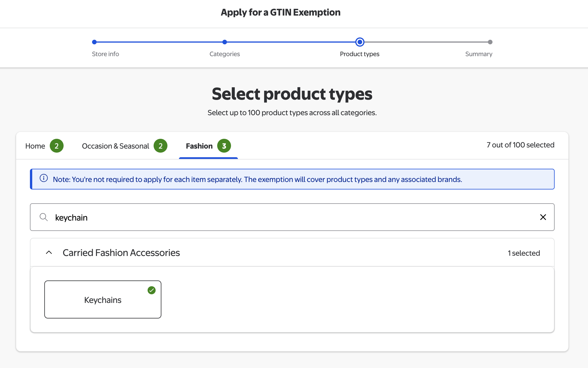 Walmart GTIN exemption wizard, Fashion tab: searching for keychain and selecting Keychains under Carried Fashion Accessories, showing 7 out of 100 selected