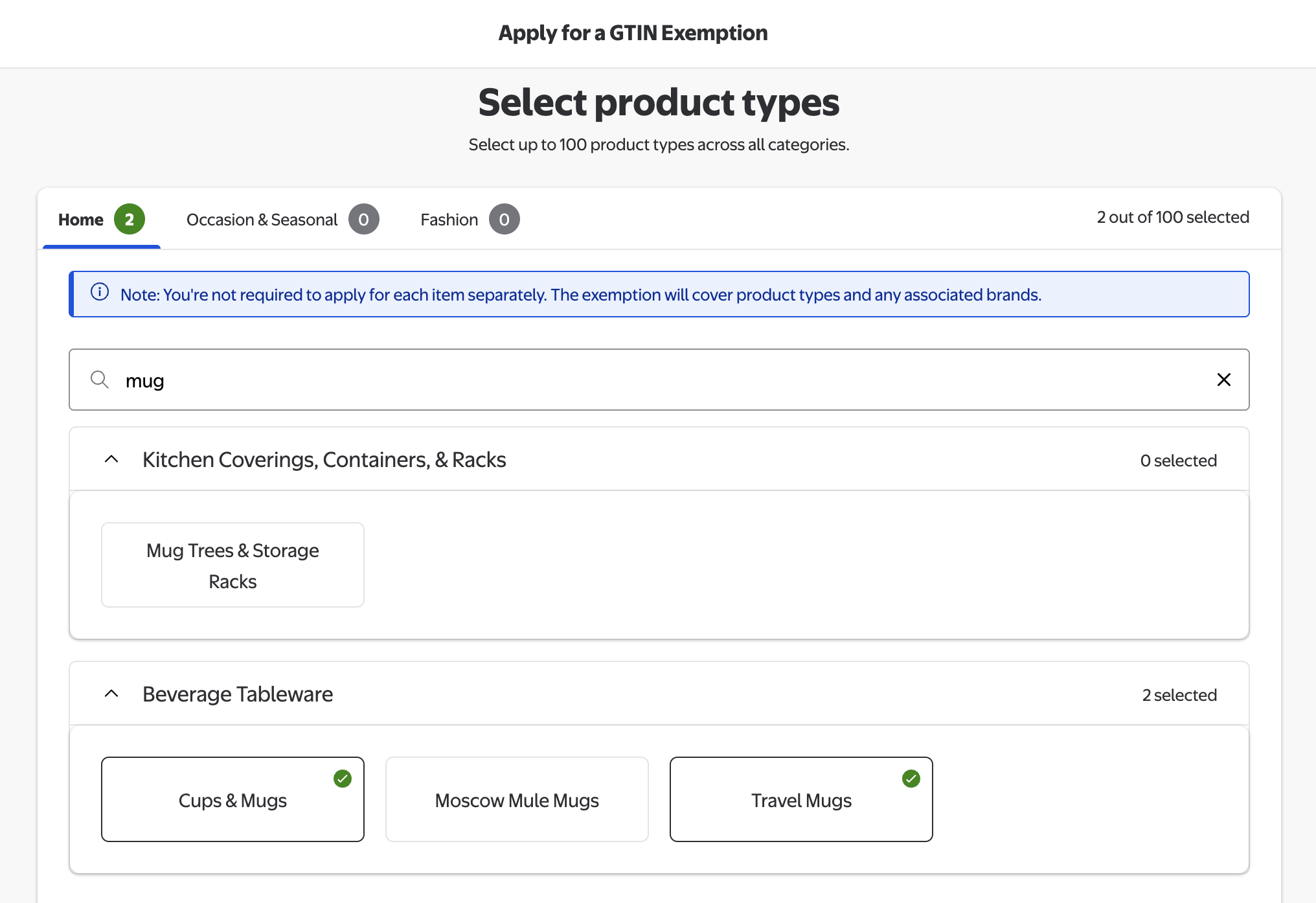 Walmart GTIN exemption wizard, Home tab: searching for mug and selecting Cups & Mugs and Travel Mugs under Beverage Tableware