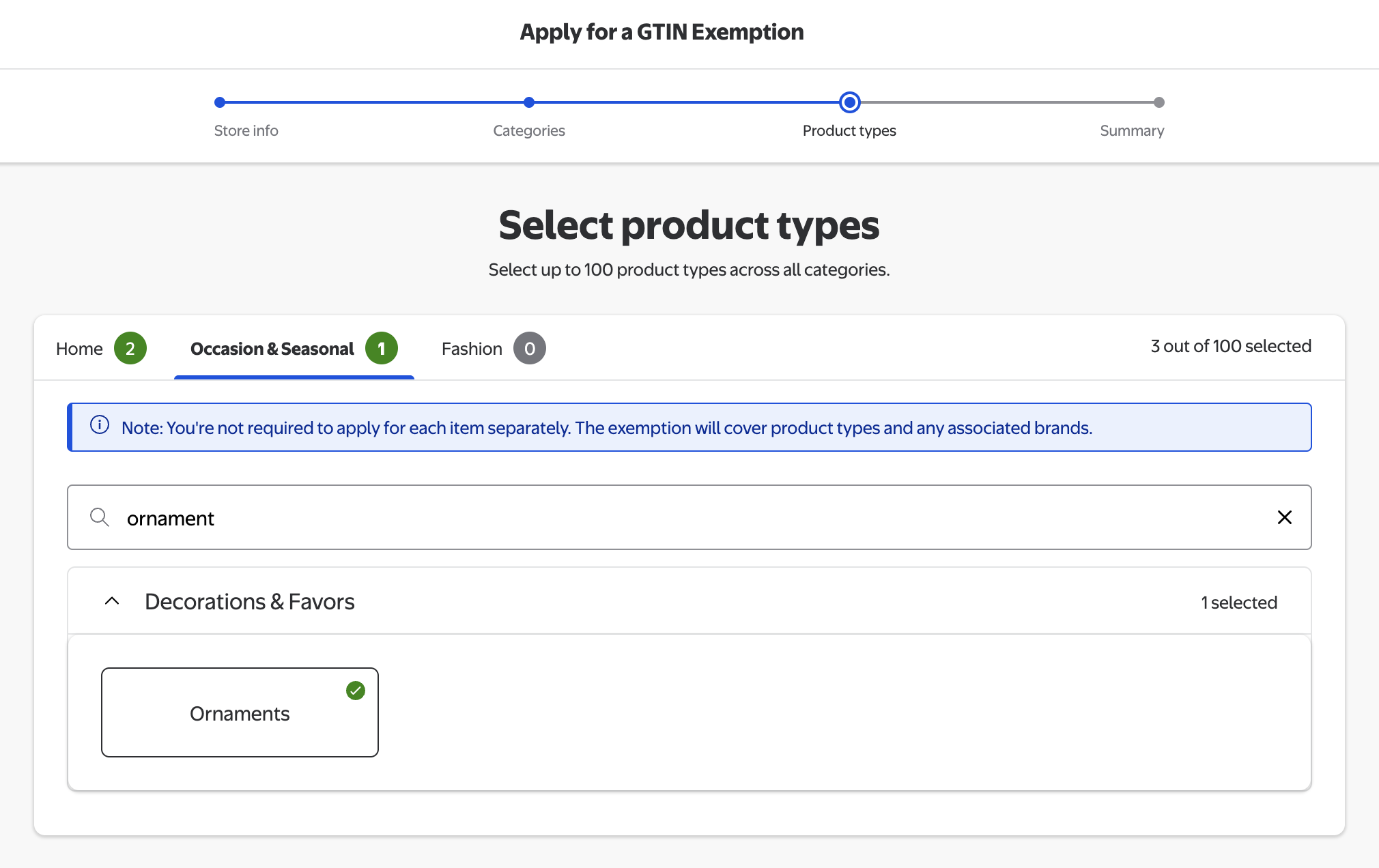 Walmart GTIN exemption wizard, Occasion & Seasonal tab: searching for ornament and selecting Ornaments under Decorations & Favors